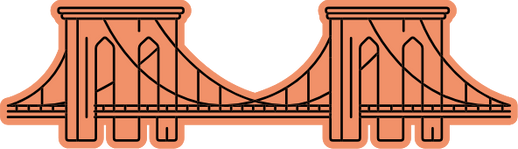 A stylized illustration of the Brooklyn Bridge in coral/orange color with a bold outline. The iconic suspension bridge is depicted with its distinctive towers and cables in a simplified, graphic design style. This illustration represents Realty Collective's connection to Brooklyn neighborhoods and serves as a visual symbol of the borough.