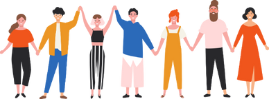A colorful illustration of seven diverse people standing in a row with their hands joined together, symbolizing community and connection. The group includes individuals of different genders, hairstyles, and clothing styles - wearing outfits in orange, yellow, black and white, blue, and pink. This image represents Realty Collective's community-focused approach to Brooklyn real estate and their commitment to connecting people with neighborhoods they love.